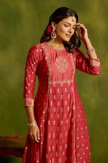 Shop_Kritika Dawar_Coral Silk, Chanderi, Cotton Zari, Embroidery Round Nargis A-line Kurta Set _Online_at_Aza_Fashions
