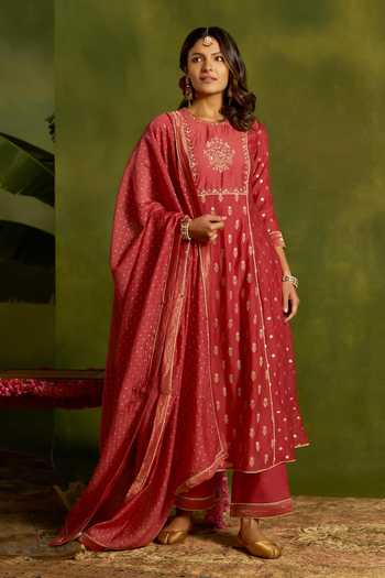 Kritika Dawar_Coral Silk, Chanderi, Cotton Zari, Embroidery Round Nargis A-line Kurta Set _at_Aza_Fashions