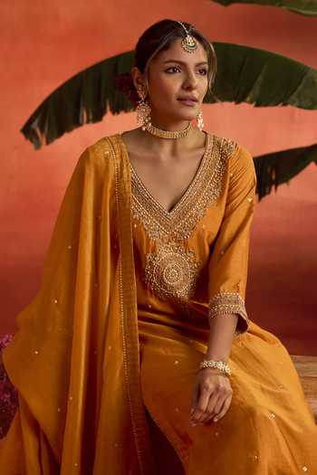 Kritika Dawar_Mustard Silk, Chanderi, Tissue Embroidery, Gulzar Hand Straight Kurta Set _Online_at_Aza_Fashions