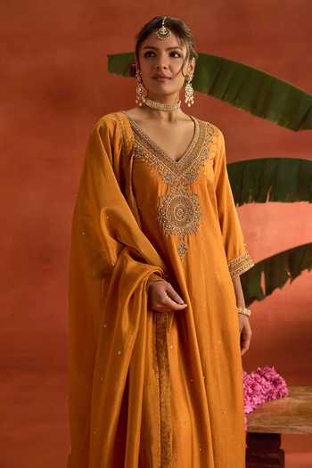 Buy_Kritika Dawar_Mustard Silk, Chanderi, Tissue Embroidery, Gulzar Hand Straight Kurta Set _Online_at_Aza_Fashions