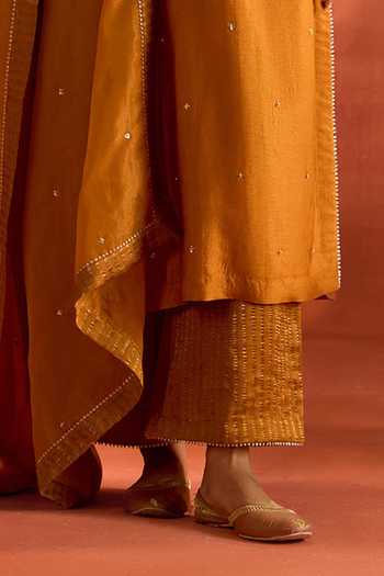 Shop_Kritika Dawar_Mustard Silk, Chanderi, Tissue Embroidery, Gulzar Hand Straight Kurta Set _Online_at_Aza_Fashions