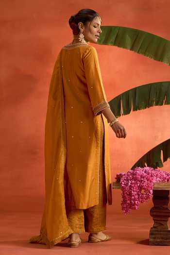 Shop_Kritika Dawar_Mustard Silk, Chanderi, Tissue Embroidery, Gulzar Hand Straight Kurta Set _at_Aza_Fashions