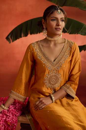 Kritika Dawar_Mustard Silk, Chanderi, Tissue Embroidery, Gulzar Hand Straight Kurta Set _at_Aza_Fashions