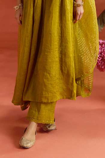 Buy_Kritika Dawar_Green Chanderi, Tissue, Silk Organza Gulnaaz Thread A-line Kurta Set _Online_at_Aza_Fashions
