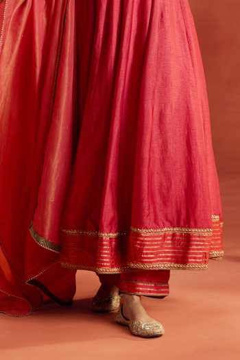 Buy_Kritika Dawar_Coral Silk, Tissue Embroidery, Zari Scoop Neck Noorza Hand Anarkali Set _Online_at_Aza_Fashions