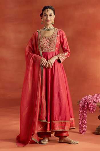 Shop_Kritika Dawar_Coral Silk, Tissue Embroidery, Zari Scoop Neck Noorza Hand Anarkali Set _Online_at_Aza_Fashions