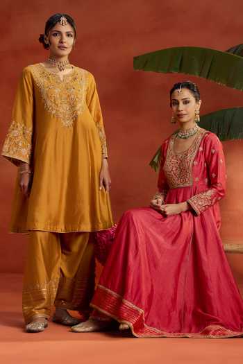 Kritika Dawar_Coral Silk, Tissue Embroidery, Zari Scoop Neck Noorza Hand Anarkali Set _Online