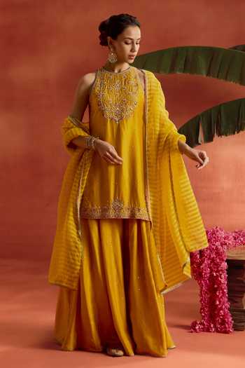 Buy_Kritika Dawar_Yellow , Organza Embroidery, Sequins, Shahira Hand Kurta Sharara Set _Online_at_Aza_Fashions