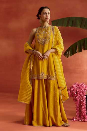 Buy_Kritika Dawar_Yellow , Organza Embroidery, Sequins, Shahira Hand Kurta Sharara Set _at_Aza_Fashions