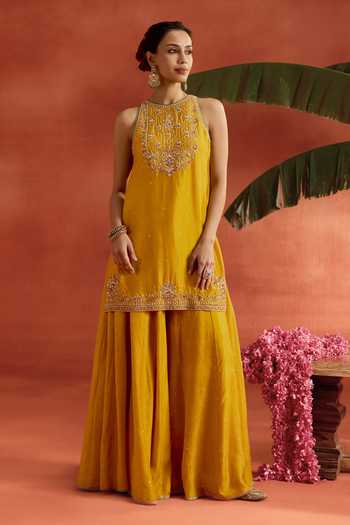 Buy_Kritika Dawar_Yellow , Organza Embroidery, Sequins, Shahira Hand Kurta Sharara Set 