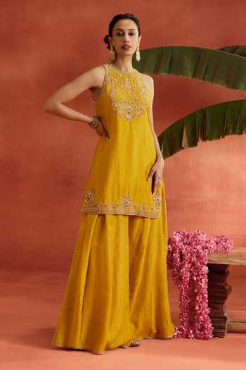 Shop_Kritika Dawar_Yellow , Organza Embroidery, Sequins, Shahira Hand Kurta Sharara Set 