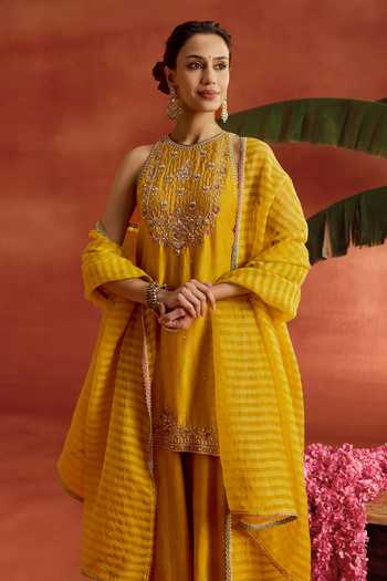 Kritika Dawar_Yellow , Organza Embroidery, Sequins, Shahira Hand Kurta Sharara Set _Online