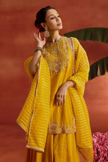 Buy_Kritika Dawar_Yellow , Organza Embroidery, Sequins, Shahira Hand Kurta Sharara Set _Online