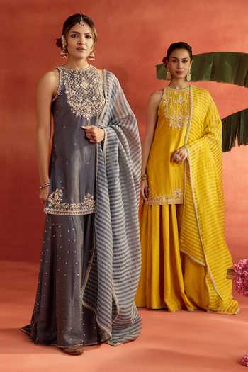 Shop_Kritika Dawar_Yellow , Organza Embroidery, Sequins, Shahira Hand Kurta Sharara Set _Online