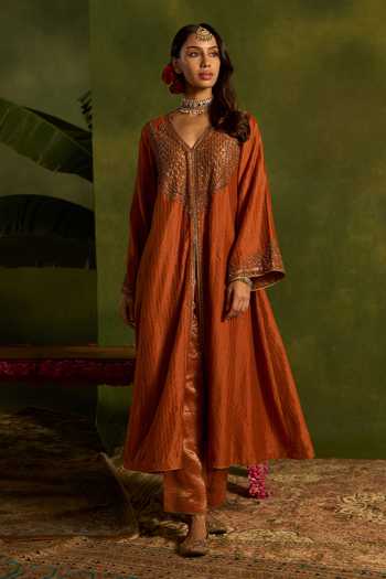 Shop_Kritika Dawar_Rust Silk, Chanderi, Tissue Embroidery, Zari V-neck Mehrunisa Hand Kurta Set _Online_at_Aza_Fashions
