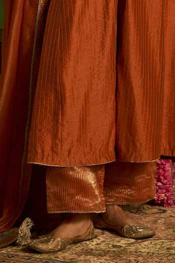 Kritika Dawar_Rust Silk, Chanderi, Tissue Embroidery, Zari V-neck Mehrunisa Hand Kurta Set _Online