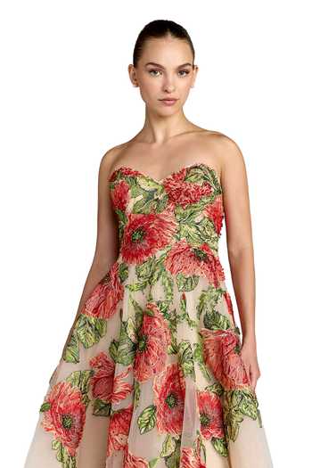 Mac Duggal_Red Polyester Embroidery, Beads Sweetheart Neck Floral Embellished Midi Dress _Online_at_Aza_Fashions
