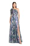 Buy_Mac Duggal_Green Chiffon One Shoulder Floral Print Gown _at_Aza_Fashions