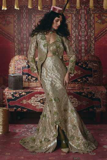 Buy_Aditi Gupta_Gold Tissue Embroidery, Pearls, Stones, Fabric Floral Chatai Mermaid Skirt Set _at_Aza_Fashions