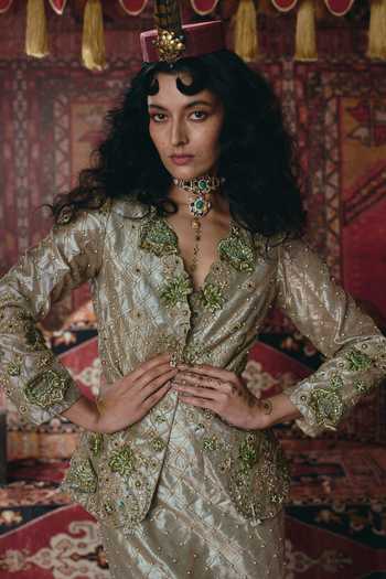 Buy_Aditi Gupta_Gold Tissue Embroidery, Pearls, Stones, Fabric Floral Chatai Mermaid Skirt Set _Online_at_Aza_Fashions