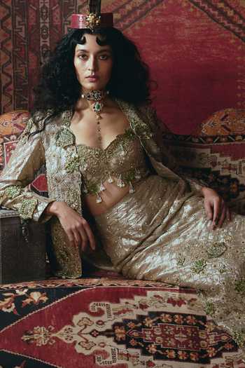 Shop_Aditi Gupta_Gold Tissue Embroidery, Pearls, Stones, Fabric Floral Chatai Mermaid Skirt Set _Online_at_Aza_Fashions
