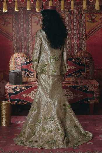 Aditi Gupta_Gold Tissue Embroidery, Pearls, Stones, Fabric Floral Chatai Mermaid Skirt Set _Online_at_Aza_Fashions