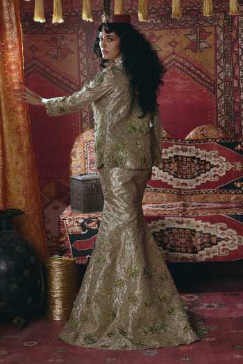 Aditi Gupta_Gold Tissue Embroidery, Pearls, Stones, Fabric Floral Chatai Mermaid Skirt Set _at_Aza_Fashions