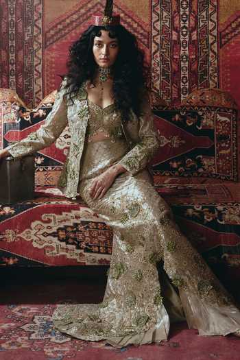 Buy_Aditi Gupta_Gold Tissue Embroidery, Pearls, Stones, Fabric Floral Chatai Mermaid Skirt Set 