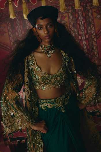 Buy_Aditi Gupta_Gold Silk, Tissue Pearls, Floral Chatai Embroidered Jacket And Draped Skirt Set _Online_at_Aza_Fashions