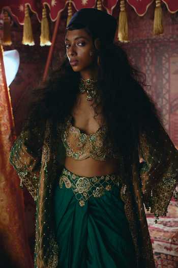 Shop_Aditi Gupta_Gold Silk, Tissue Pearls, Floral Chatai Embroidered Jacket And Draped Skirt Set _Online_at_Aza_Fashions