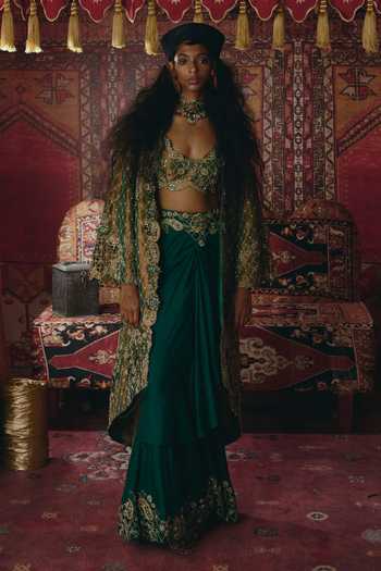 Buy_Aditi Gupta_Gold Silk, Tissue Pearls, Floral Chatai Embroidered Jacket And Draped Skirt Set _at_Aza_Fashions