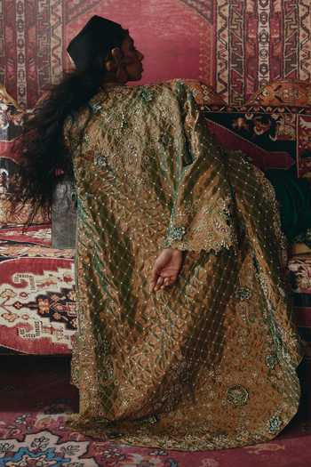 Aditi Gupta_Gold Silk, Tissue Pearls, Floral Chatai Embroidered Jacket And Draped Skirt Set _Online_at_Aza_Fashions