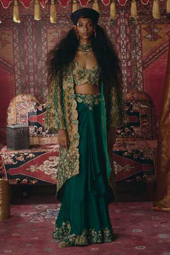 Aditi Gupta_Gold Silk, Tissue Pearls, Floral Chatai Embroidered Jacket And Draped Skirt Set _at_Aza_Fashions
