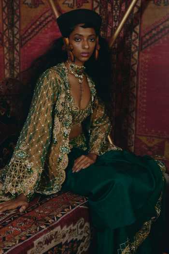 Buy_Aditi Gupta_Gold Silk, Tissue Pearls, Floral Chatai Embroidered Jacket And Draped Skirt Set 