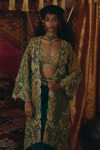 Shop_Aditi Gupta_Gold Silk, Tissue Pearls, Floral Chatai Embroidered Jacket And Draped Skirt Set 