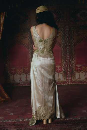 Shop_Aditi Gupta_Gold Tissue Pearls, Fabric Floral Chatai Embroidered Corset And Draped Skirt Set _at_Aza_Fashions