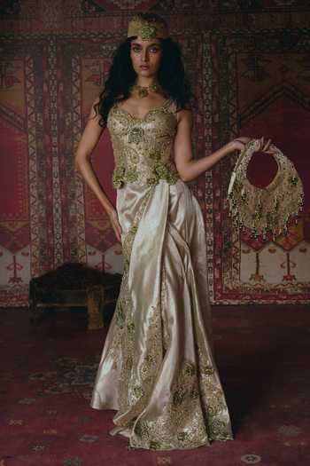 Buy_Aditi Gupta_Gold Tissue Pearls, Fabric Floral Chatai Embroidered Corset And Draped Skirt Set _at_Aza_Fashions