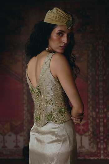 Aditi Gupta_Gold Tissue Pearls, Fabric Floral Chatai Embroidered Corset And Draped Skirt Set _Online_at_Aza_Fashions