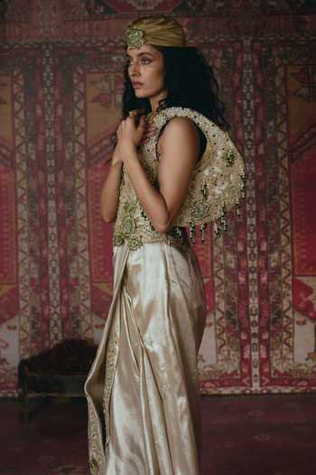 Buy_Aditi Gupta_Gold Tissue Pearls, Fabric Floral Chatai Embroidered Corset And Draped Skirt Set _Online_at_Aza_Fashions
