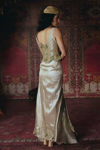 Shop_Aditi Gupta_Gold Tissue Pearls, Fabric Floral Chatai Embroidered Corset And Draped Skirt Set _Online_at_Aza_Fashions