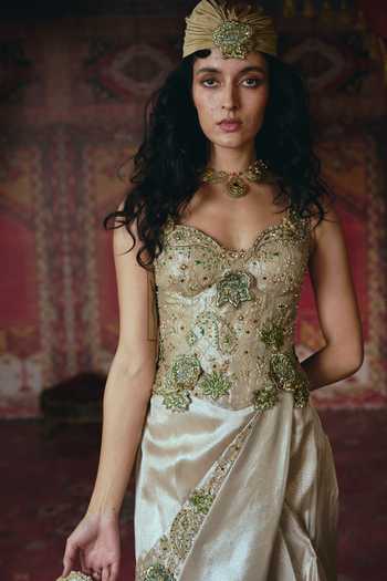 Aditi Gupta_Gold Tissue Pearls, Fabric Floral Chatai Embroidered Corset And Draped Skirt Set _at_Aza_Fashions
