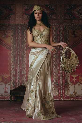 Buy_Aditi Gupta_Gold Tissue Pearls, Fabric Floral Chatai Embroidered Corset And Draped Skirt Set 
