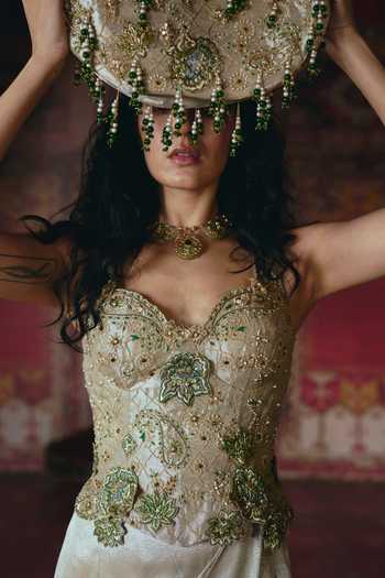 Shop_Aditi Gupta_Gold Tissue Pearls, Fabric Floral Chatai Embroidered Corset And Draped Skirt Set 