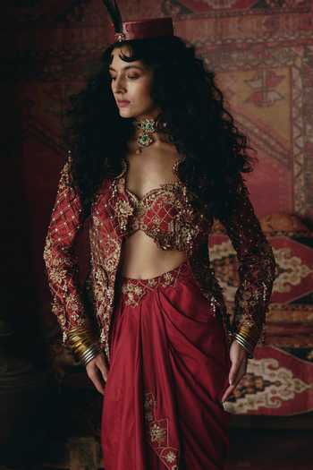 Buy_Aditi Gupta_Maroon Silk, Tissue Embroidery, Floral Chatai Work Jacket And Draped Skirt Set _Online_at_Aza_Fashions