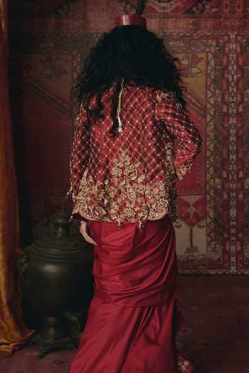 Shop_Aditi Gupta_Maroon Silk, Tissue Embroidery, Floral Chatai Work Jacket And Draped Skirt Set _Online_at_Aza_Fashions