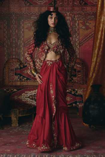 Aditi Gupta_Maroon Silk, Tissue Embroidery, Floral Chatai Work Jacket And Draped Skirt Set _at_Aza_Fashions