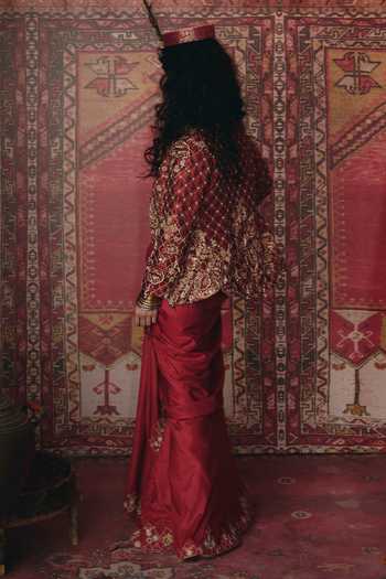 Buy_Aditi Gupta_Maroon Silk, Tissue Embroidery, Floral Chatai Work Jacket And Draped Skirt Set 