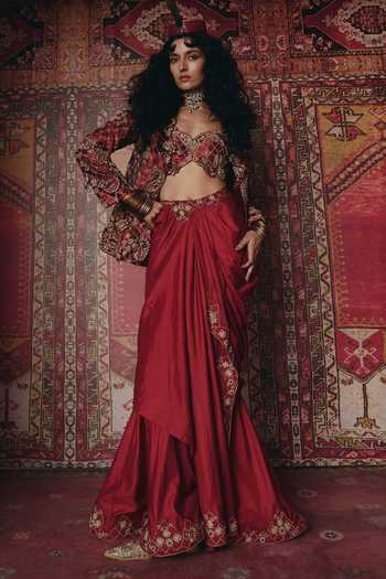 Buy_Aditi Gupta_Maroon Silk, Tissue Embroidery, Floral Chatai Work Jacket And Draped Skirt Set _at_Aza_Fashions