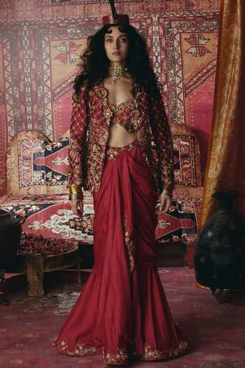 Shop_Aditi Gupta_Maroon Silk, Tissue Embroidery, Floral Chatai Work Jacket And Draped Skirt Set 