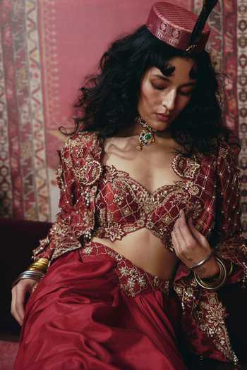 Aditi Gupta_Maroon Silk, Tissue Embroidery, Floral Chatai Work Jacket And Draped Skirt Set _Online